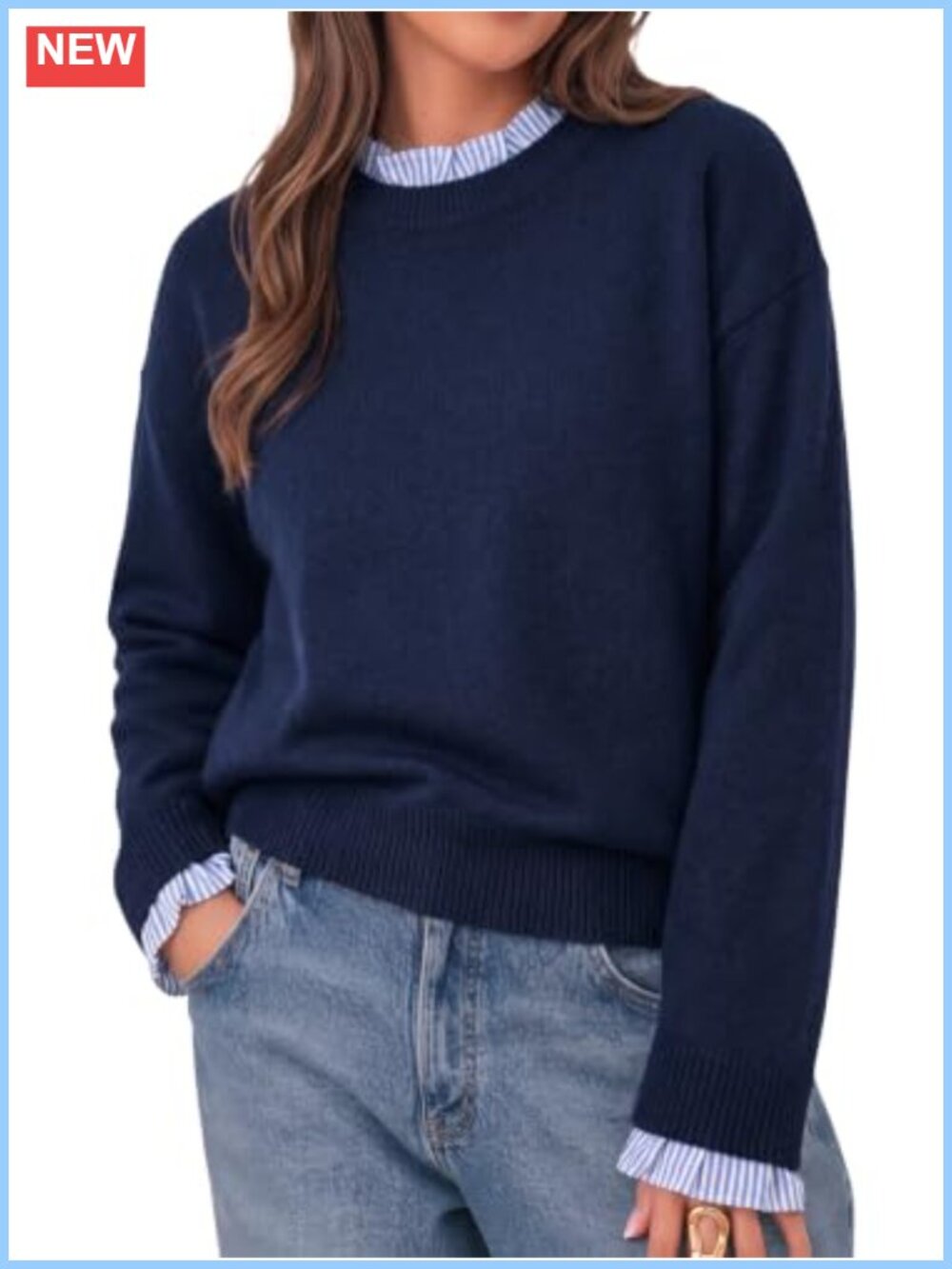Women's Long Sleeve Sweater Ruffle Crew Neck Patchwork Knit Top